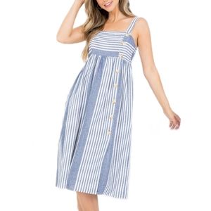 Nautical Midi Summer Dress Size Medium Linen Cotton Navy White Striped Print NWT